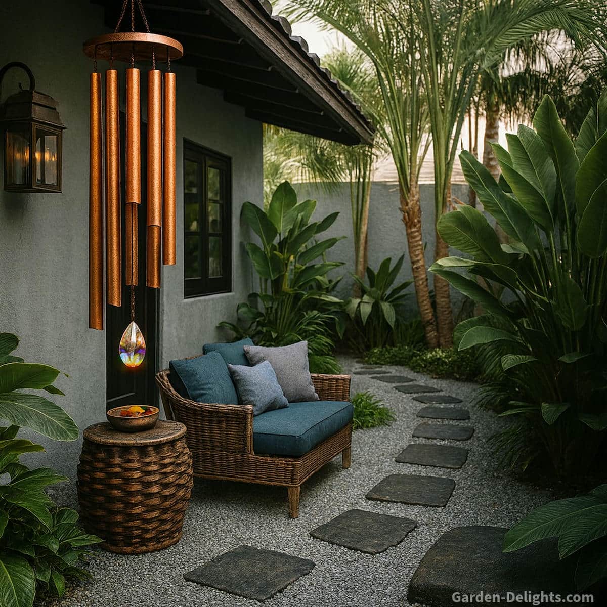 Hammered copper wind chimes with long radiant tubes and prism-light rainbow crystals hanging from a grey cottage overhang, illuminating a serene meditation patio with wicker seating, blue cushions, grey pillows, and Zen-inspired stone pathways symbolizing energy activation, emotional balance, and meaningful spiritual gifting