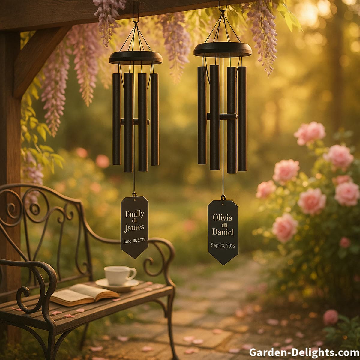 Engraved anniversary wind chimes swaying side-by-side in a romantic garden, symbolizing lasting love, shared memories, and meaningful gift-giving