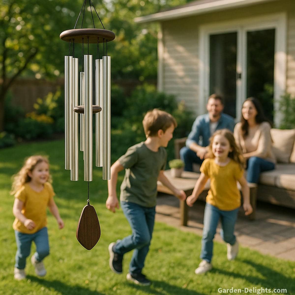 Family wind chimes hanging near a cozy backyard seating area with children playing nearby, reflecting bonding moments, gentle sound, and meaningful outdoor experiences