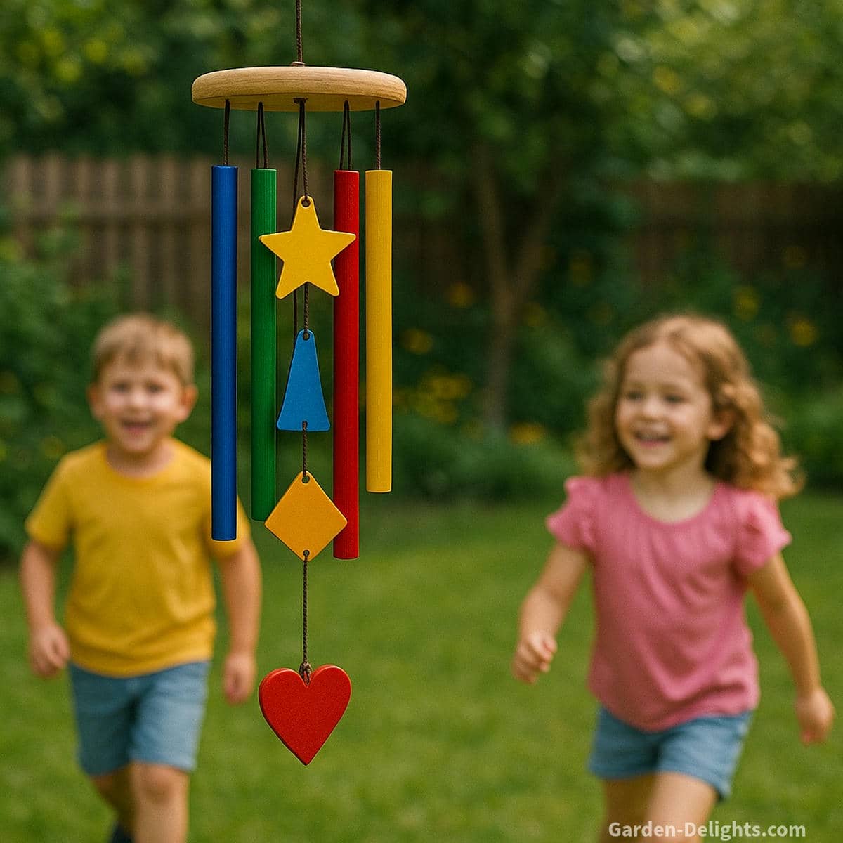 Vibrant artisan-style wind chimes hanging in a cheerful garden with playful shapes and soft tones, symbolizing family connection, color, and outdoor imagination