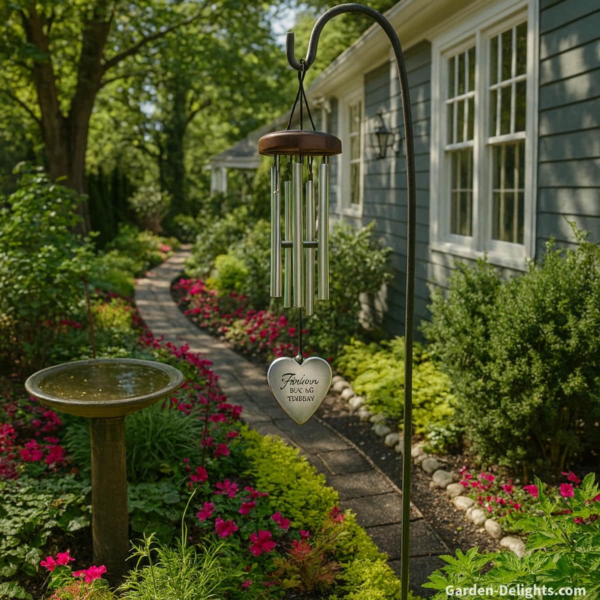 Memorial wind chime with an engraved heart charm hanging from a black shepherd’s hook beside a curved garden path, vibrant flowers, and a blue-gray home with white trim symbolizing peace, remembrance, and emotional healing