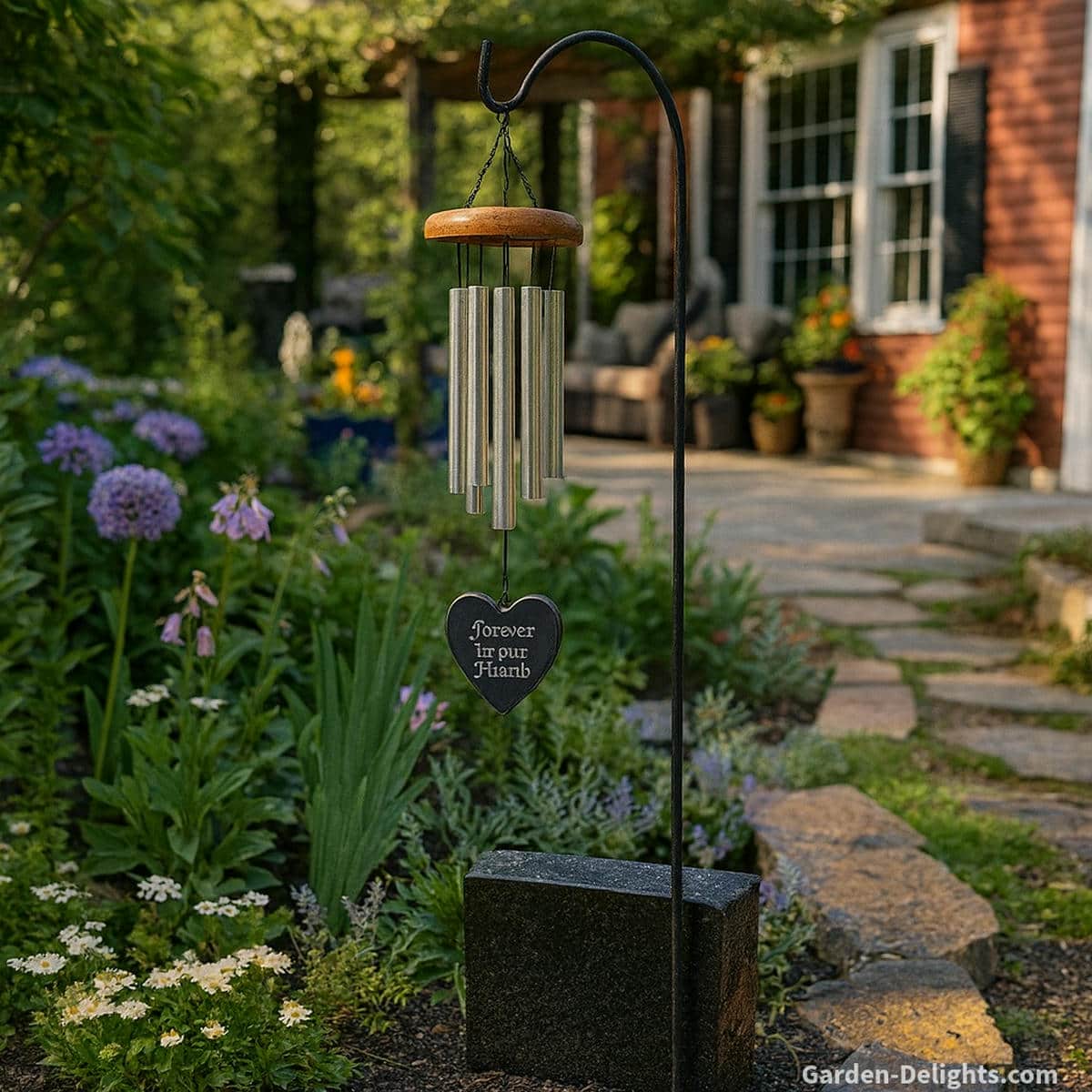Memorial wind chime with a heart-shaped engraved charm hanging from a black garden hook beside blooming flowers, a stone path, and a red-brick home with a pergola, symbolizing healing, remembrance, and peaceful reflection