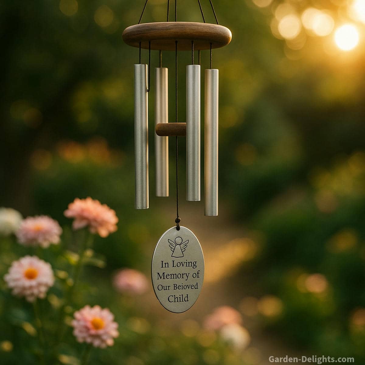 Soft-toned memorial wind chimes honoring the loss of a child, hanging near glowing flowers and gentle garden light with an engraved remembrance charm symbolizing love, protection, and eternal connection