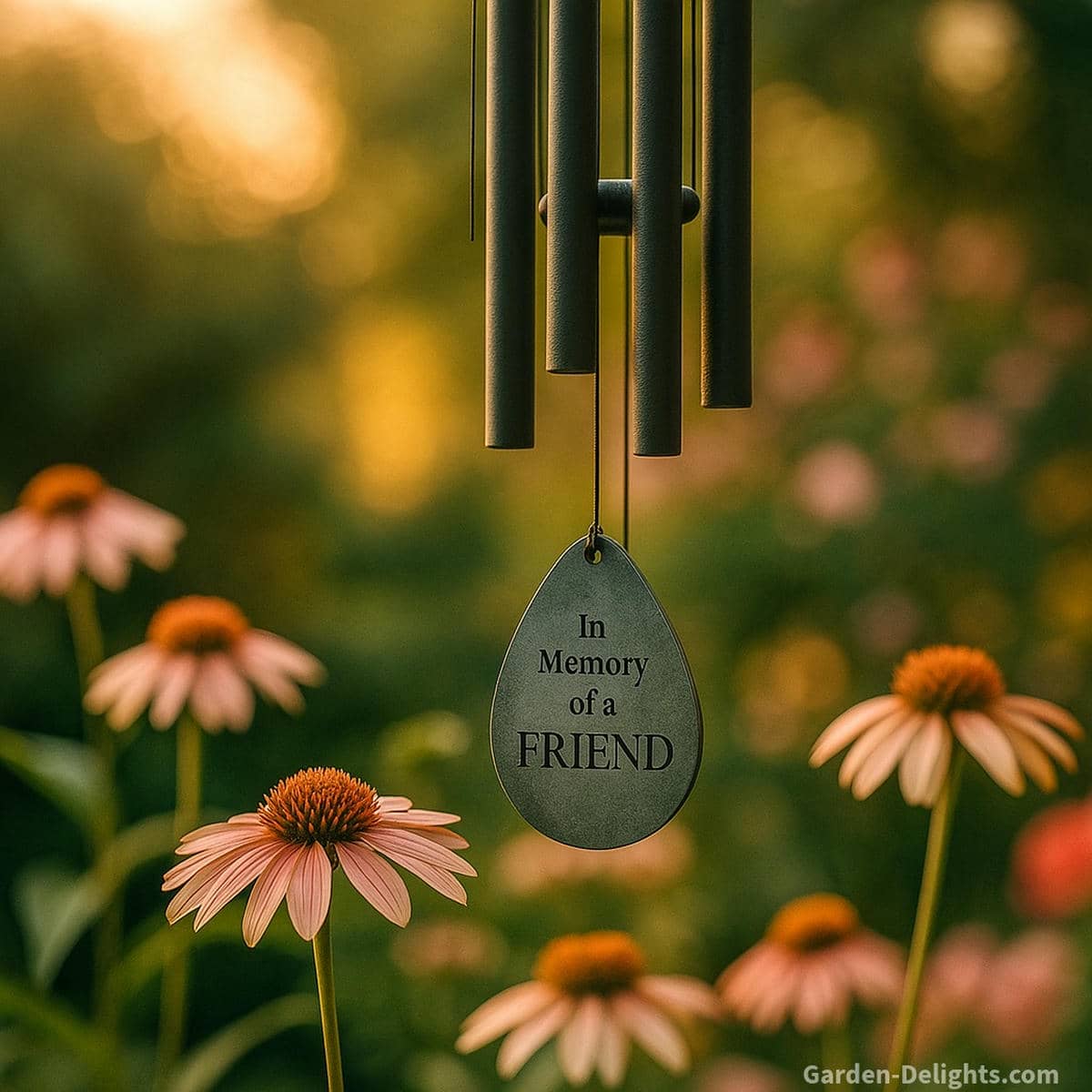 Memorial wind chimes for loss of a friend hanging near soft flowers and warm garden light with an engraved charm that symbolizes friendship, remembrance, and lasting connection