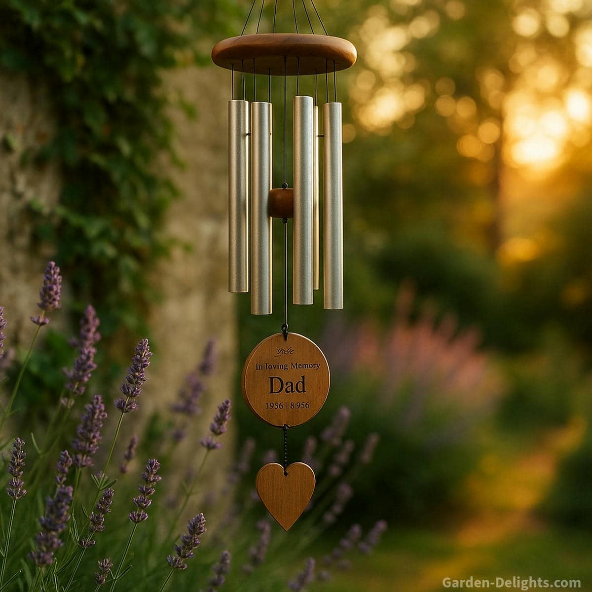 Engraved memorial wind chimes for the loss of a parent hanging in a peaceful garden corner with lavender blooms and warm sunset light, symbolizing comfort, remembrance, and lasting love