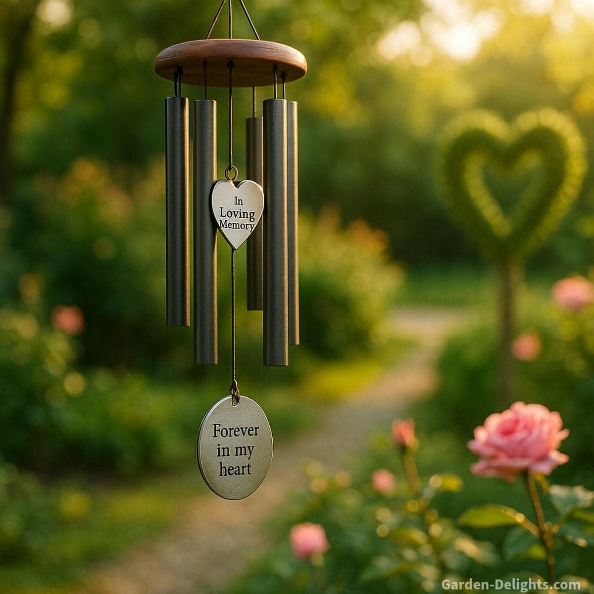 Memorial wind chimes for loss of a spouse with heart charm and engraved tribute hanging in a serene garden, symbolizing eternal love, remembrance, and emotional healing
