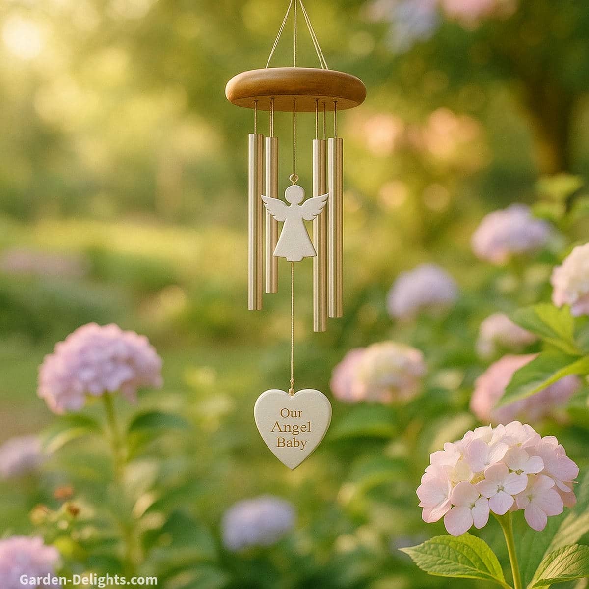 Angel baby memorial wind chimes with soft pastel accents and engraved remembrance charm hanging near gentle blossoms, symbolizing healing, comfort, and tender tribute for pregnancy and infant loss