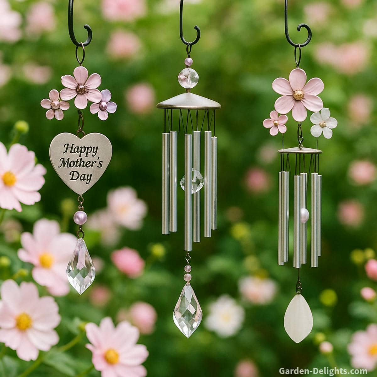 Mother’s Day crystal and floral wind chimes with pastel pink, lavender, and white colors hanging in a blooming garden, symbolizing love, nurturing energy, and gentle emotional resonance