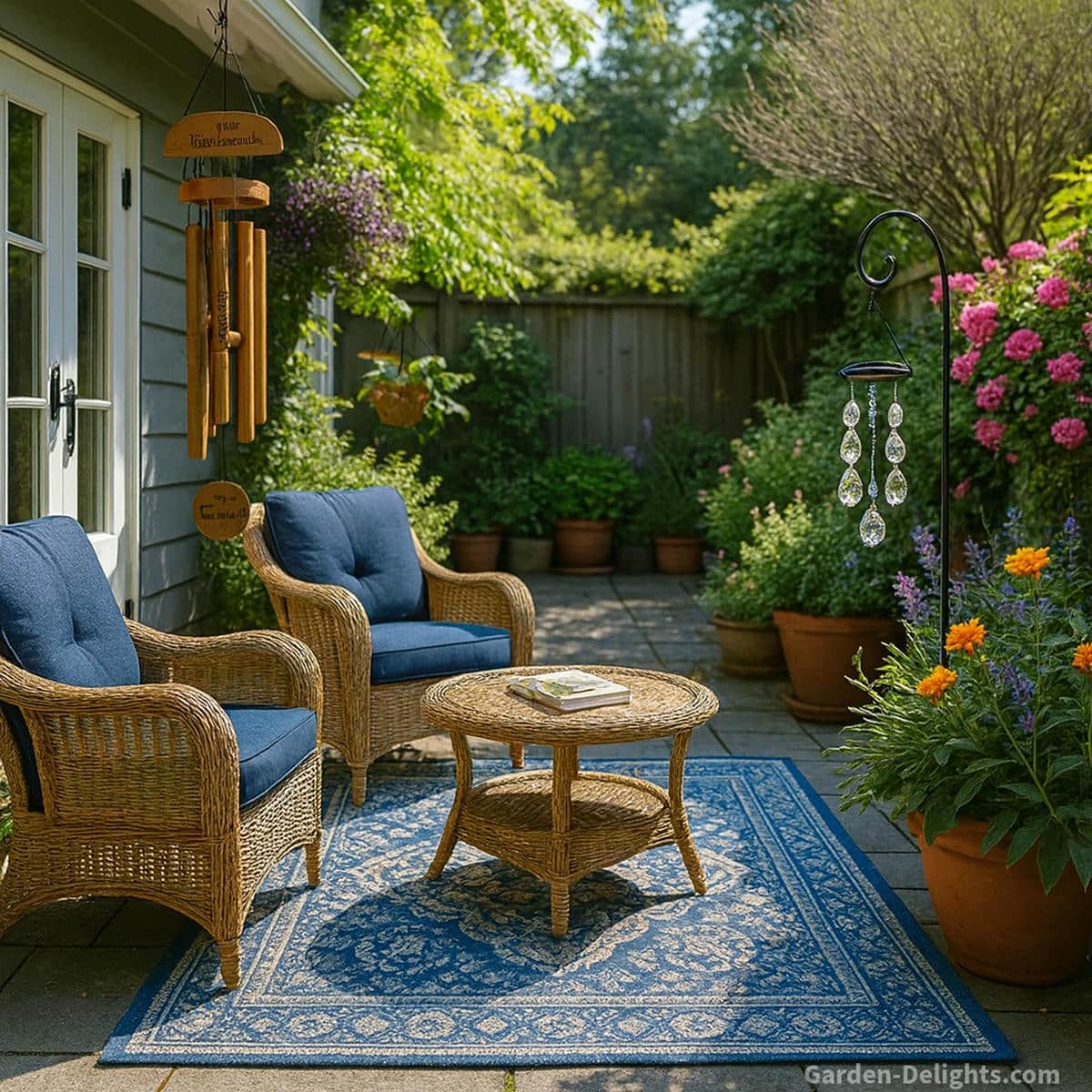 Mother’s Day and Father’s Day wind chimes hanging in a serene garden patio with a blue patterned outdoor rug, wicker chairs with blue cushions, a bamboo wind chime under the patio overhang, and a crystal wind chime on a shepherd’s hook symbolizing gratitude, harmony, and meaningful family connection