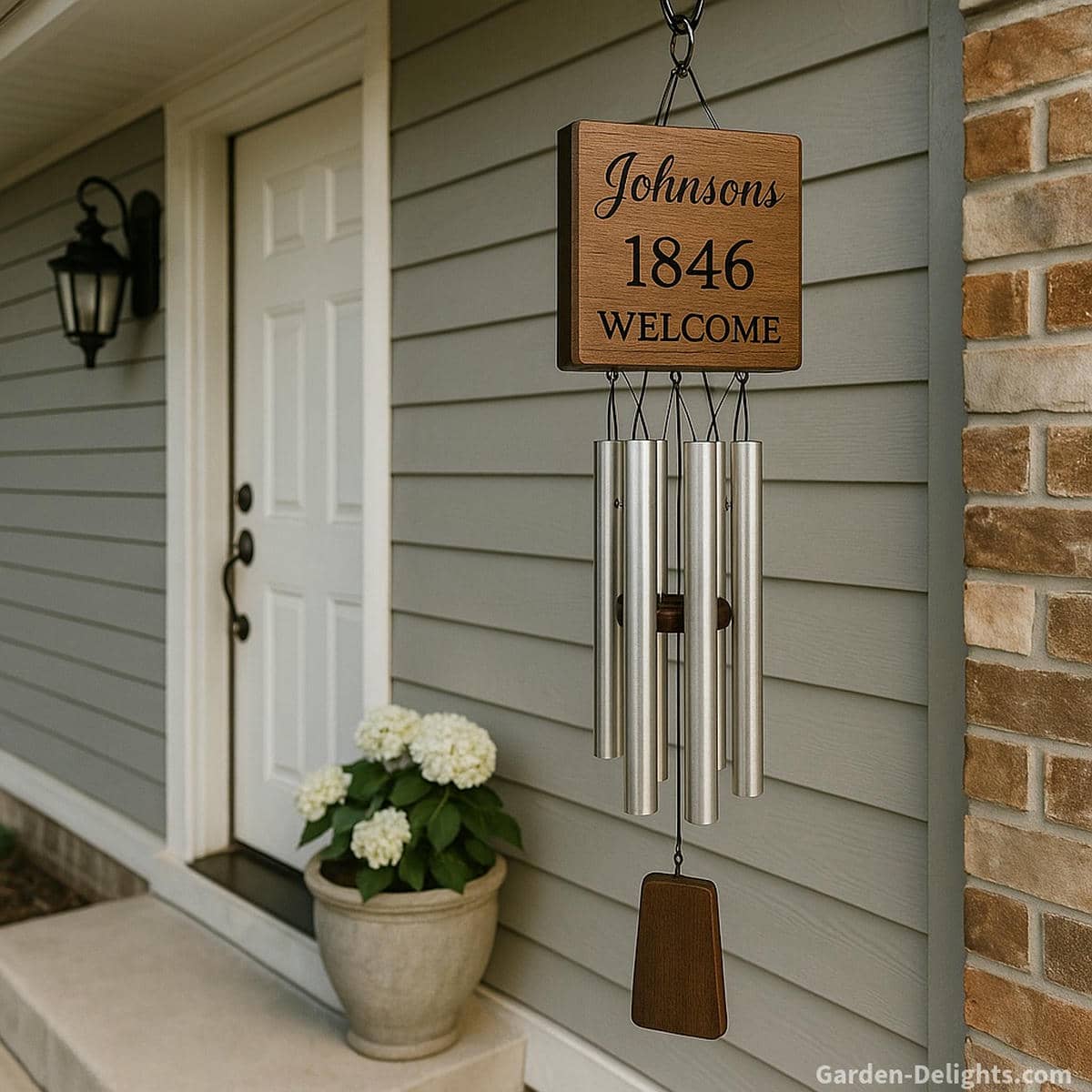 Personalized housewarming wind chimes engraved with a family last name and home address hanging beside a stylish new porch entryway, symbolizing identity, welcome, and meaningful new home celebration