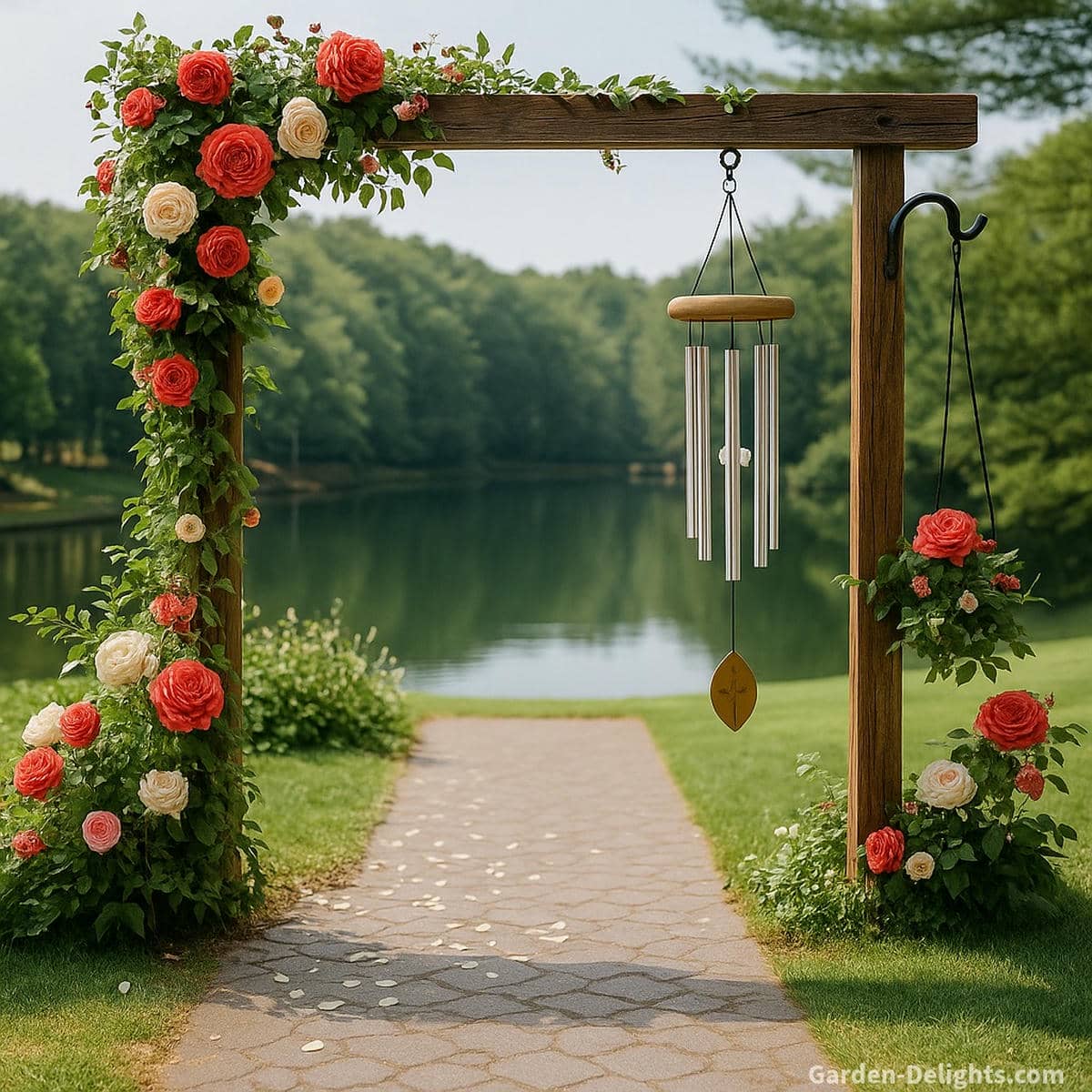 Personalized wedding and anniversary wind chimes engraved with names, dates and vow excerpts hanging beneath a romantic floral archway decorated with roses and soft greenery, symbolizing unity, devotion, and meaningful keepsake celebration