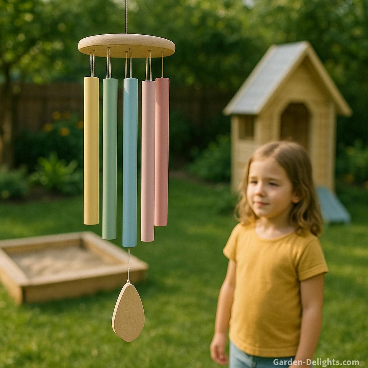 Soft-toned sensory wind chimes for kids hanging in a bright garden play area, featuring gentle movement, safe materials, and calming sound designed for focus, emotional regulation, and mindful outdoor enrichment