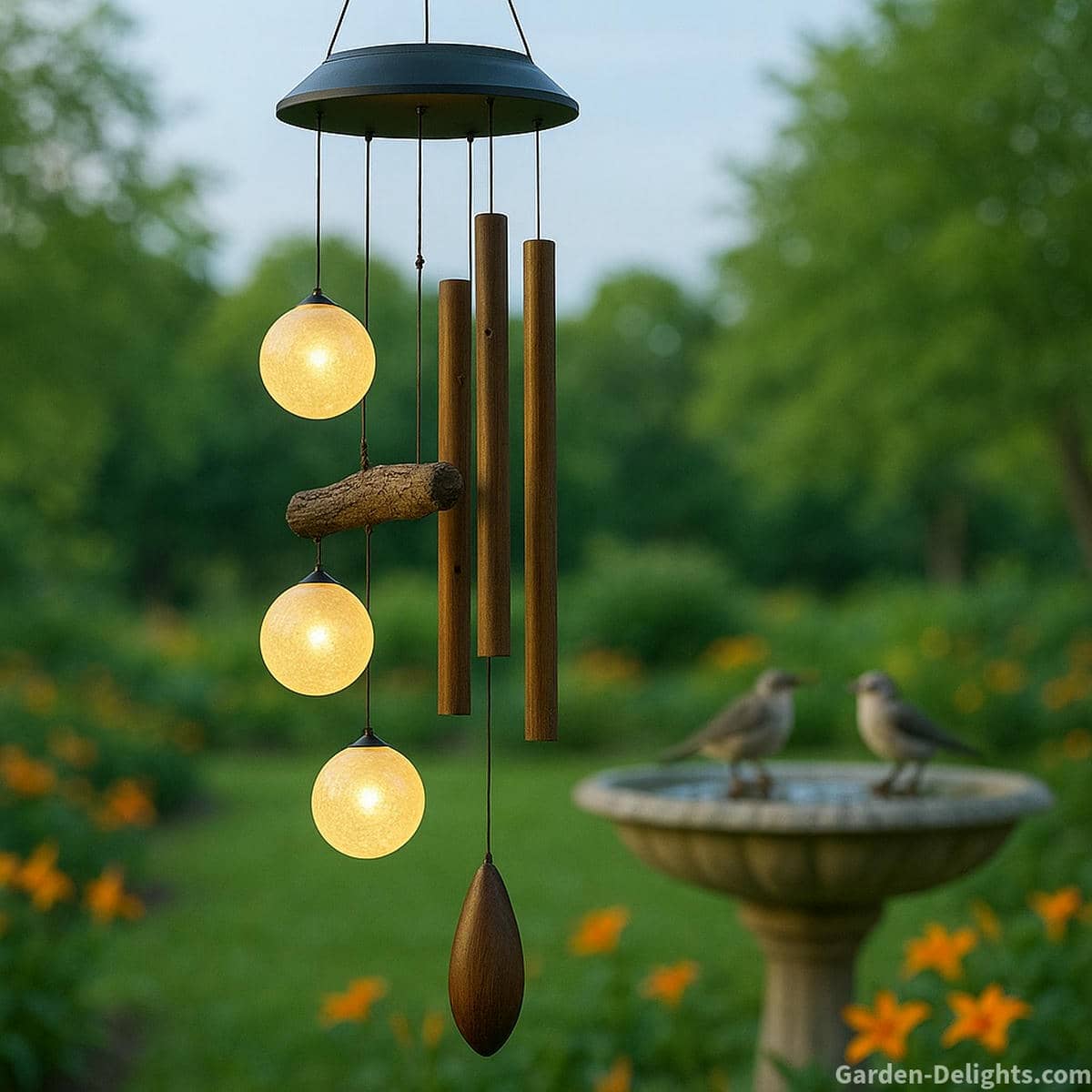 Solar nature wind chimes glowing softly in a twilight garden, featuring hanging LED orbs and natural chime elements that symbolize eco-friendly light, gentle motion, and nighttime tranquility