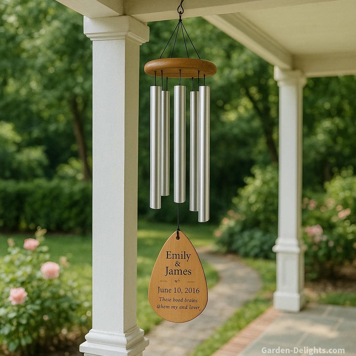 Engraved wedding and anniversary wind chimes with names, dates, and vow excerpts hanging on a romantic garden porch, symbolizing unity, lifelong partnership, and personalized love