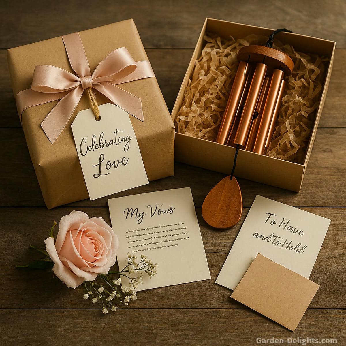 Beautifully wrapped wedding and anniversary wind chime gift box with vow cards, keepsake notes, and romantic wrapping details that enhance emotional meaning