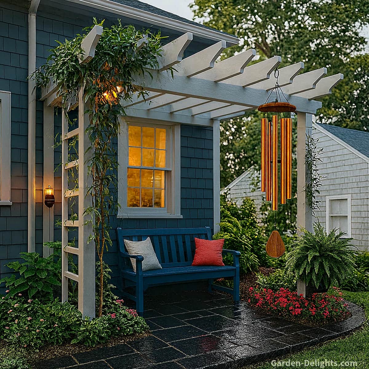 Romantic copper wedding and anniversary wind chimes hanging from a white pergola on a blue house porch with dark slate flooring, symbolizing unity, harmony, vows, and lifelong partnership