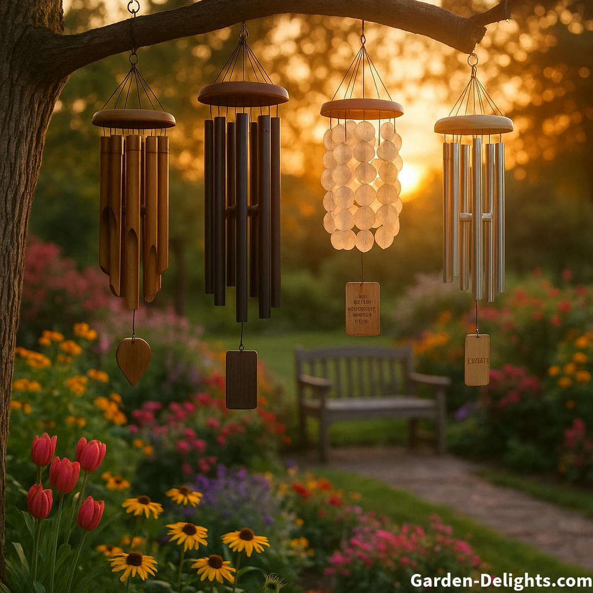 Meaningful wind chime gift ideas for memorials, weddings, anniversaries, and gardens featuring bamboo, metal, capiz, and personalized designs swaying in warm sunset light
