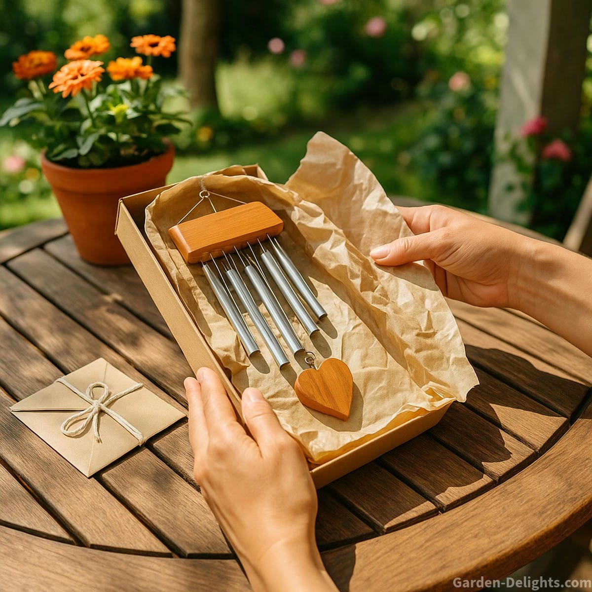 Wind chime gift being unwrapped on a sunlit garden patio, symbolizing memory, healing, emotional connection, and the spiritual meaning behind light-filled, melodic décor.