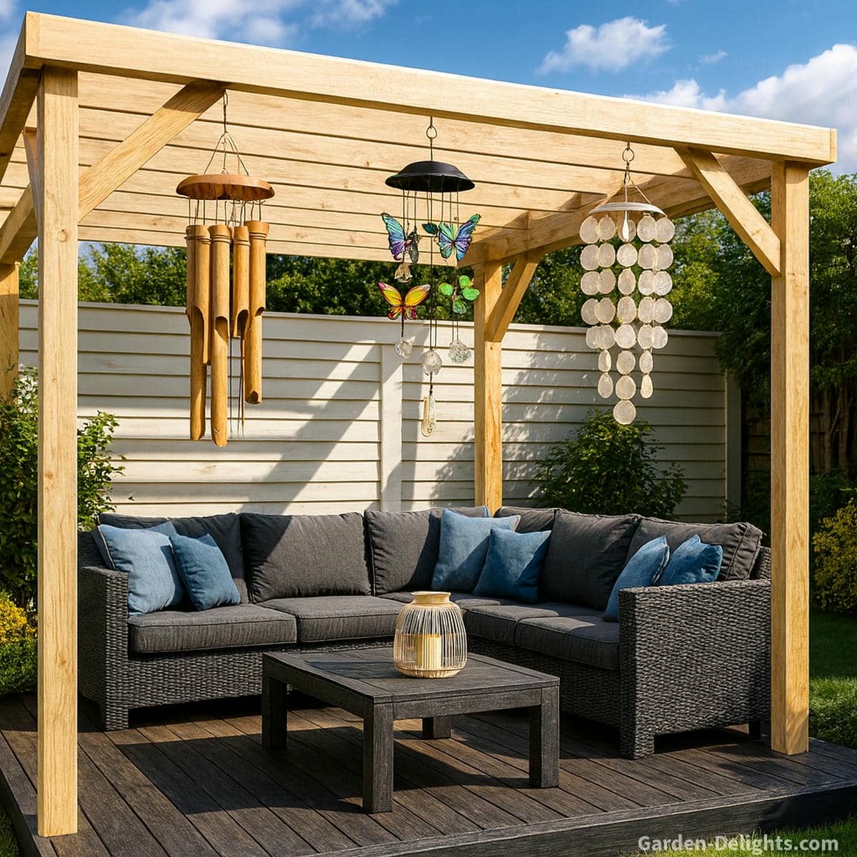 Outdoor pergola with light wood beams, dark deck, grey wicker sectional seating and hanging bamboo, capiz, and solar butterfly wind chimes matched to personality styles in a peaceful garden setting