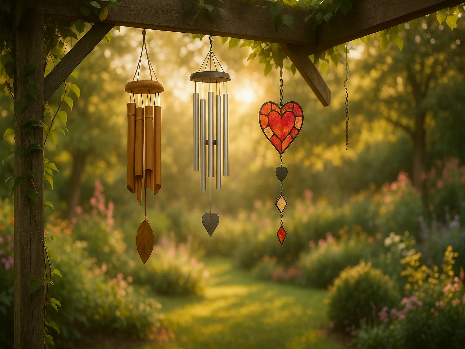 Meaningful wind chime gifts for memorials, weddings, and special occasions   elegant bamboo and metal chimes in a sunlit garden symbolizing love, remembrance, and celebration.
