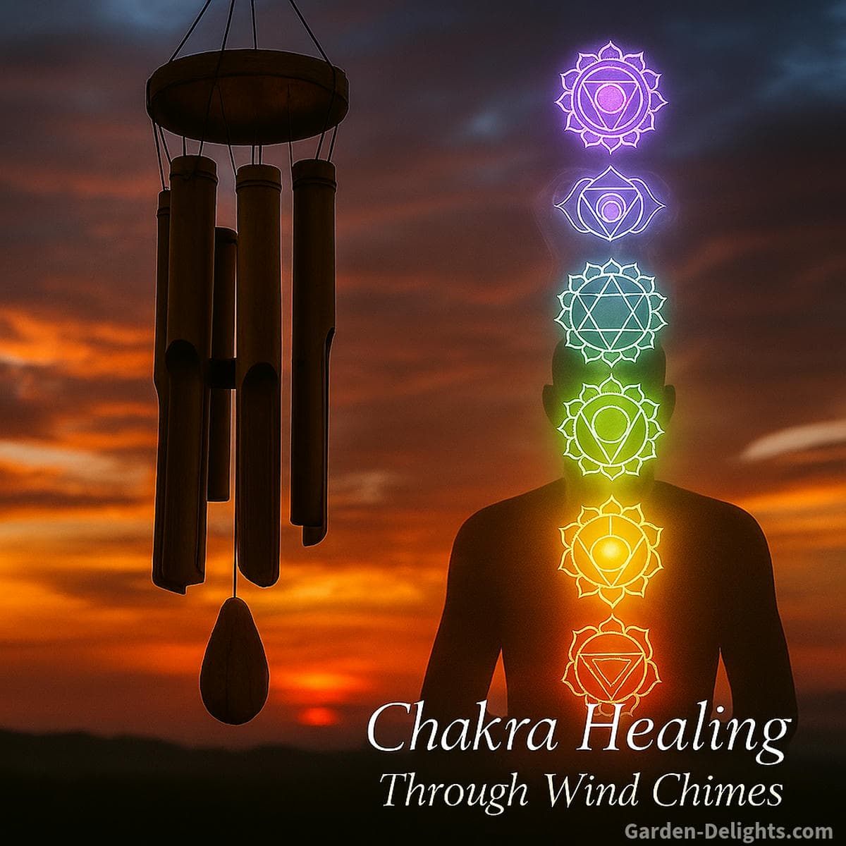 wind chime symbolism with chakra energy at sunset showing sacred sound vibration spiritual meaning of wind chimes cultural symbolism energy flow emotional balance and resonance as divine communication in peaceful outdoor meditation space