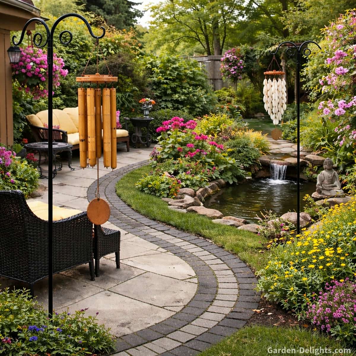 feng shui bamboo wind chimes in foreground and capiz shell wind chimes further back along a curved garden path with black stone edging wicker patio seating water fountain and buddha statue symbolizing chi energy flow emotional healing sound vibration elemental balance and peaceful garden harmony