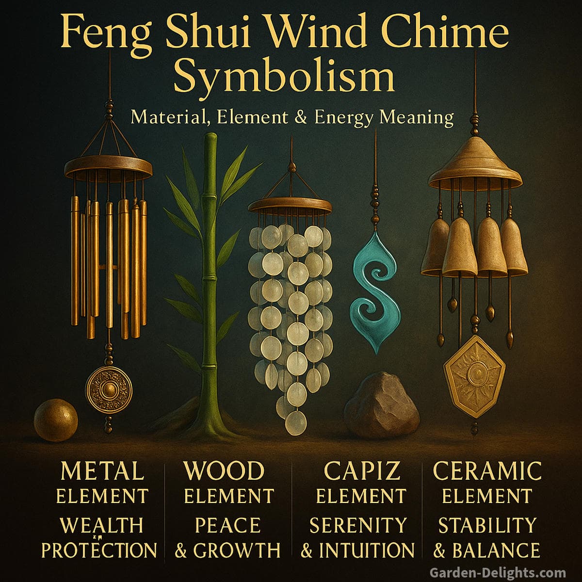 feng shui wind chime meaning and symbolism showing metal bamboo capiz and ceramic chimes aligned with five elements for chi energy flow sound vibration energy cleansing emotional balance and spiritual alignment in home and garden spaces