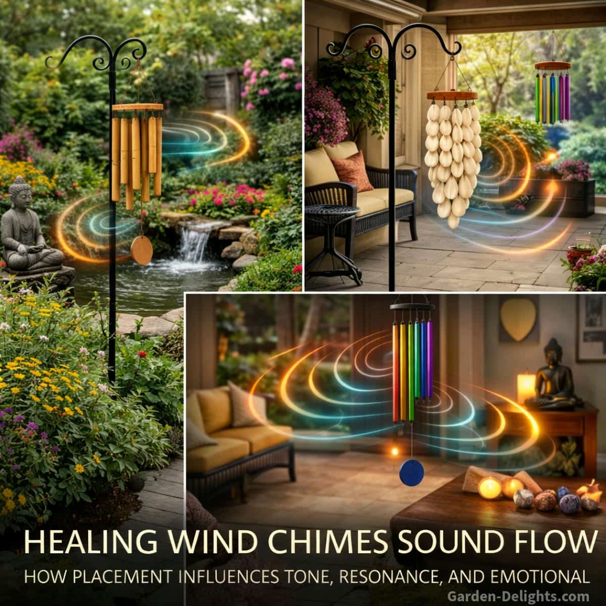 healing wind chimes demonstrating how placement affects sound vibration resonance airflow and emotional energy flow in meditation gardens patios and indoor healing spaces