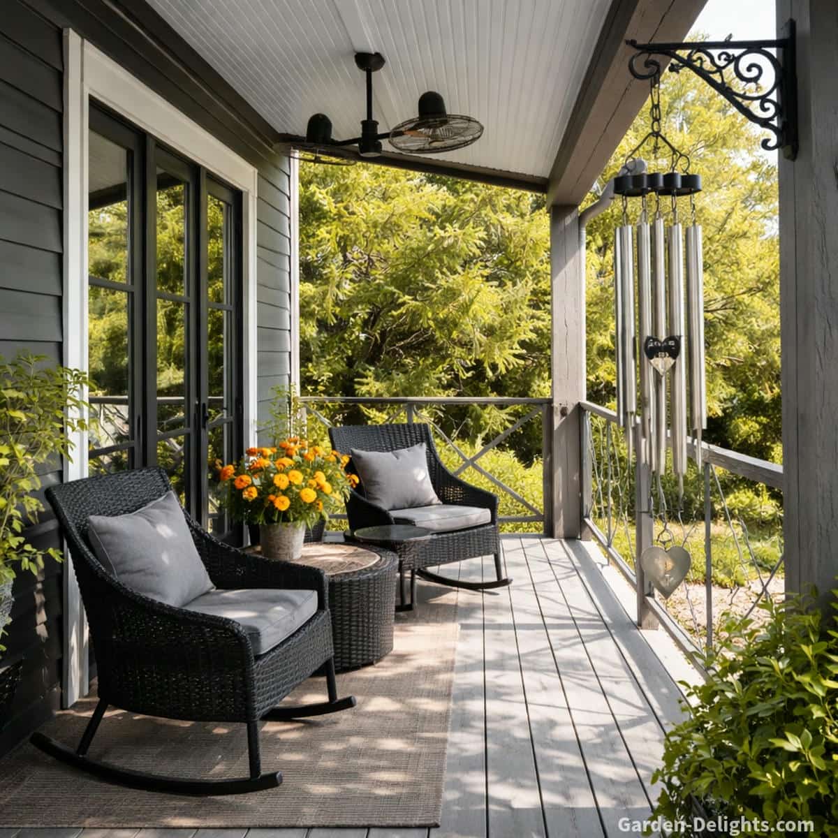 memorial wind chimes hanging from a decorative wrought iron hook on a shaded porch with dark grey siding white trim windows black wicker chairs and glass railing creating gentle calming tones through soft breeze for grief healing remembrance emotional comfort and peaceful outdoor reflection