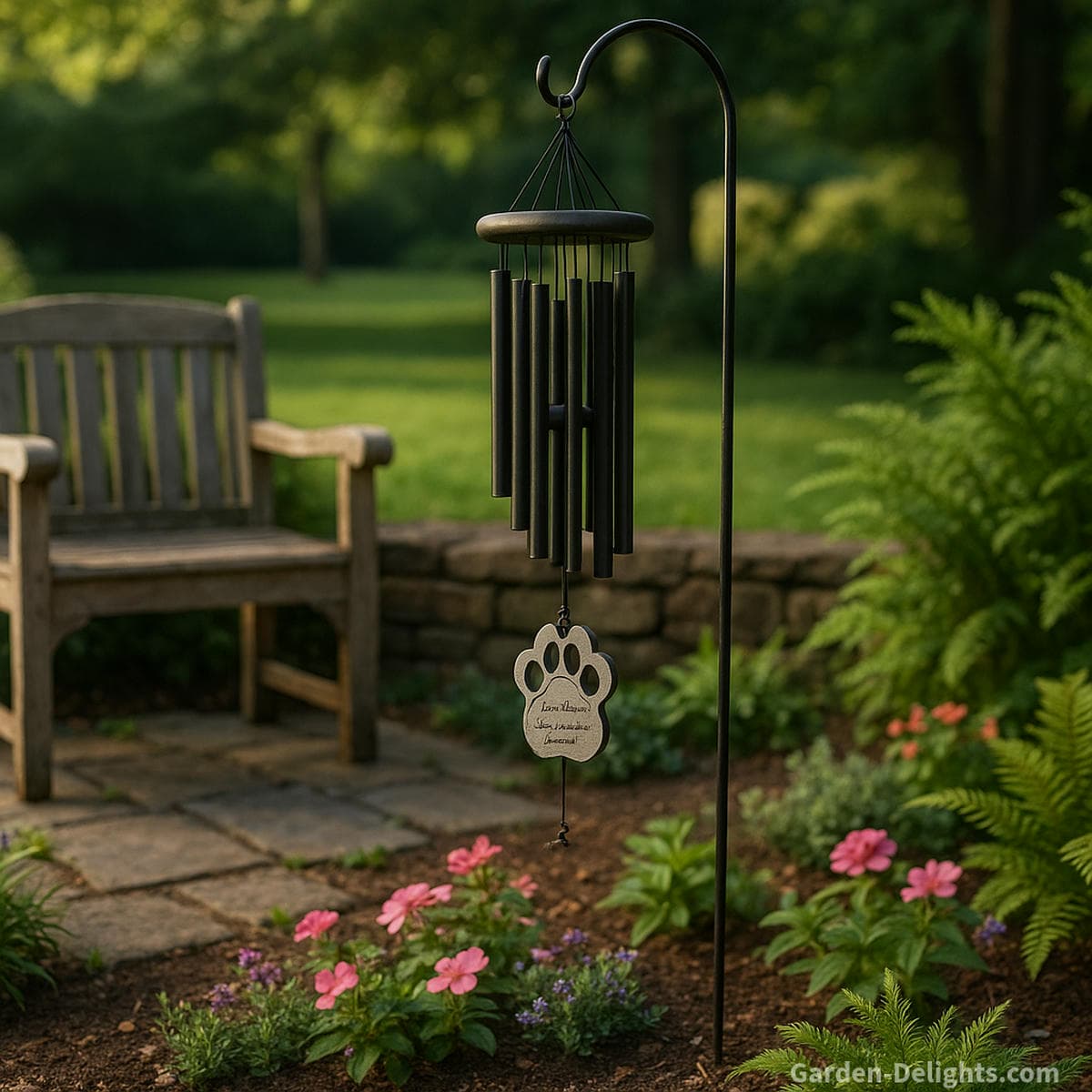 memorial wind chimes in a healing garden creating gentle sound in the breeze that symbolizes grief healing remembrance and emotional connection near a quiet reflection seating area after loss