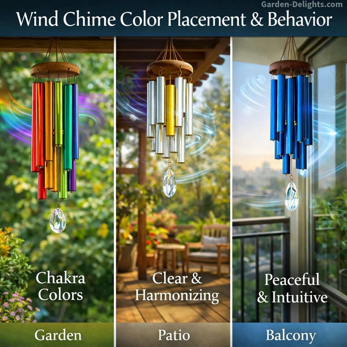 wind chime color placement and airflow behavior showing rainbow white gold and blue wind chimes in garden patio and balcony spaces demonstrating tone resonance vibration and emotional energy alignment