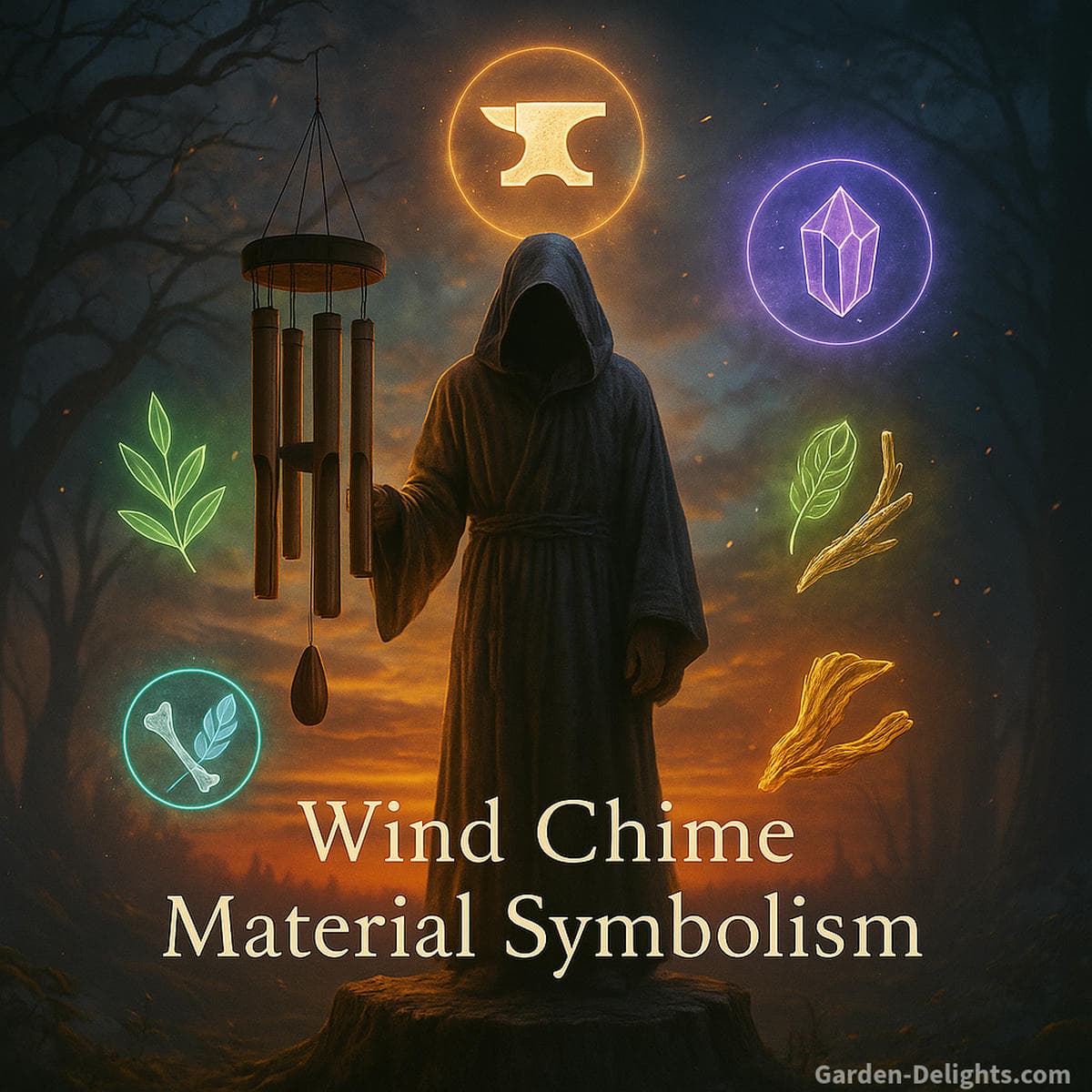 wind chime material symbolism showing bamboo metal crystal wood and bone representing cultural wind chime symbolism spiritual meaning of wind chimes elemental forces sacred sound vibration energy flow and resonance as symbolic communication in ritual and meditation space