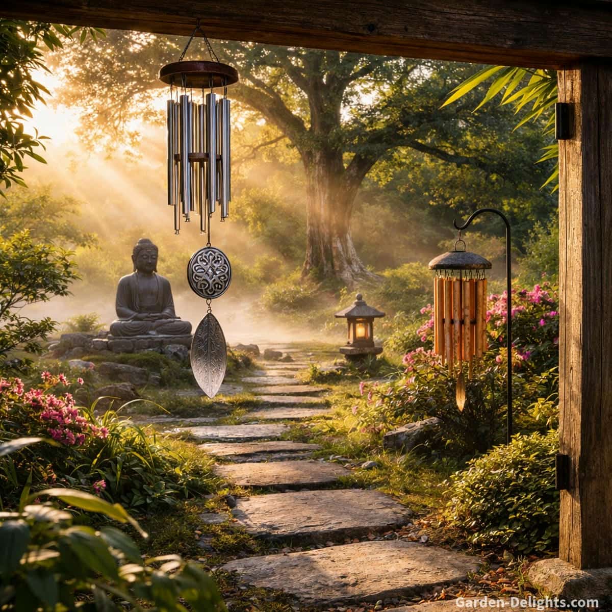 wind chime ritual symbolism in Japanese style garden threshold showing metal wind chime hanging from wooden beam and bamboo wind chime on shepherd hook beside stone lantern with open walkway leading to Buddha statue where soft airflow creates gentle sound representing sacred sound vibration spiritual meaning energy flow emotional balance and calming presence in meditation garden space