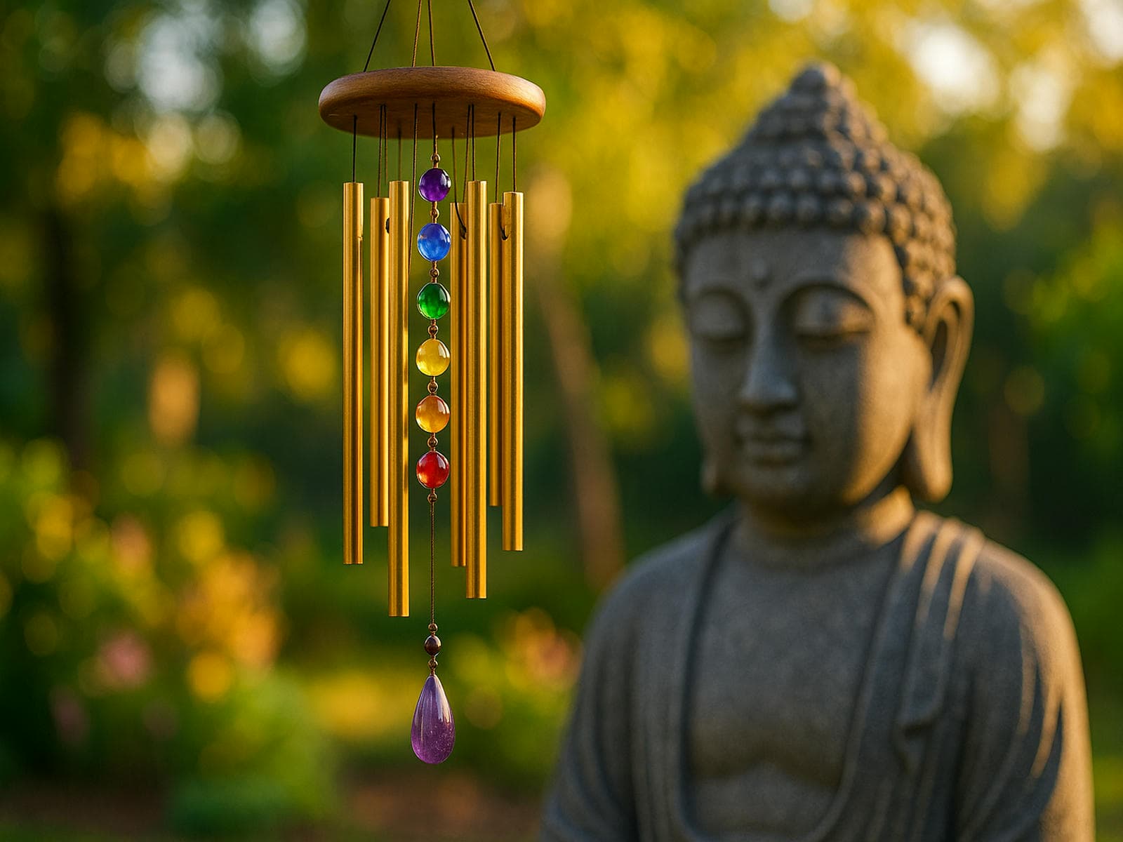 Chakra wind chime with colorful gemstone beads hanging beside a serene Buddha statue—symbolizing spiritual meaning, emotional healing, grief remembrance, and Feng Shui energy alignment in garden decor