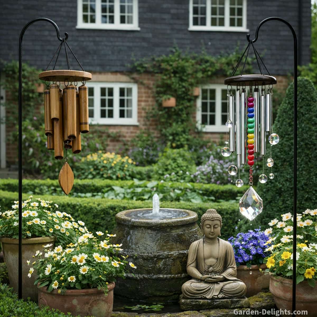 wind chime symbolism in a peaceful backyard garden with bamboo and metal wind chimes hanging from shepherd hooks near a stone water fountain and small Buddha statue with crystal prisms and chakra colors glowing in sunlight representing spiritual meaning healing energy Feng Shui harmony emotional remembrance and calming sound flow