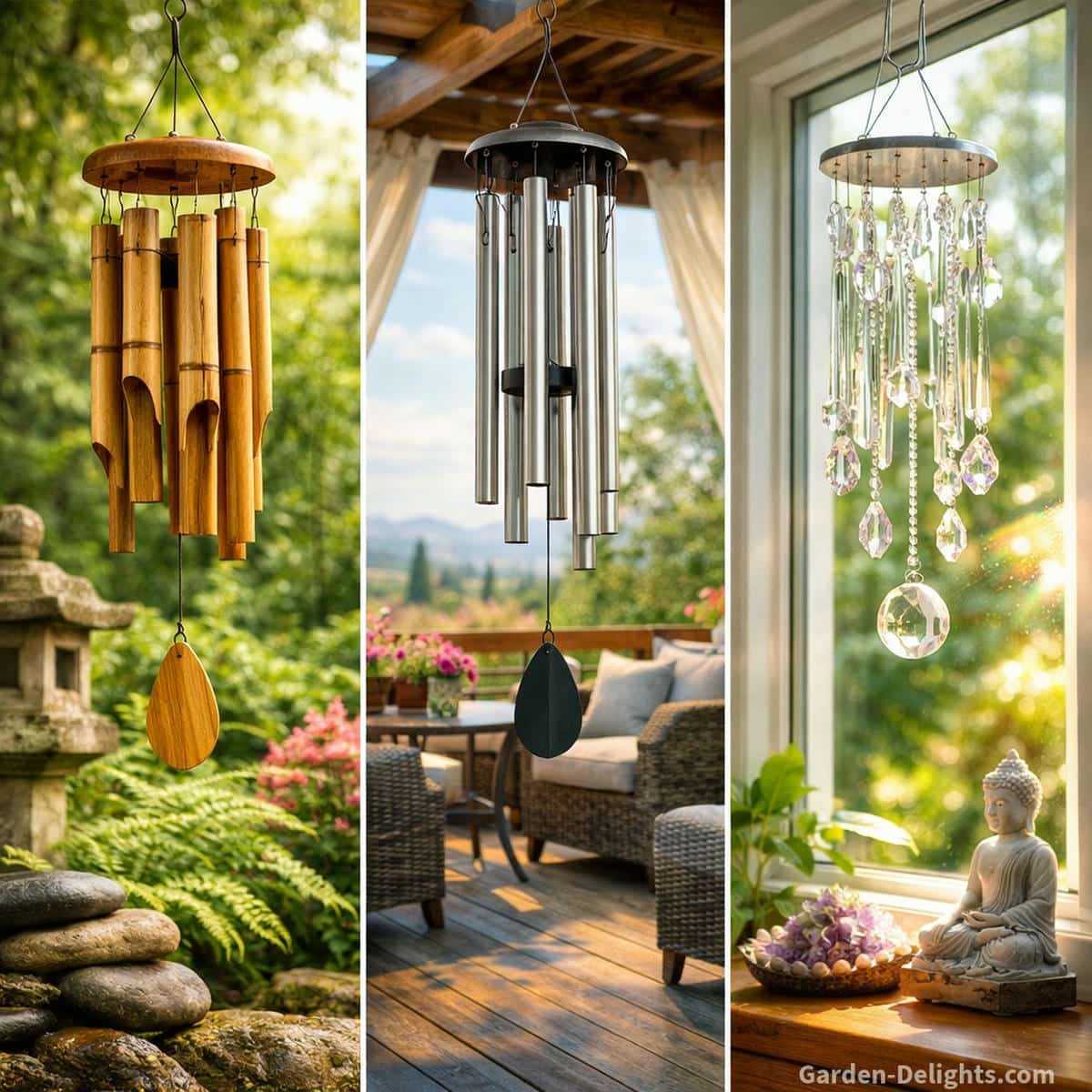 wind chime tone meaning and placement showing bamboo chimes in calm garden aluminum chimes in breezy patio and crystal chimes near window illustrating sound symbolism airflow resonance and emotional energy